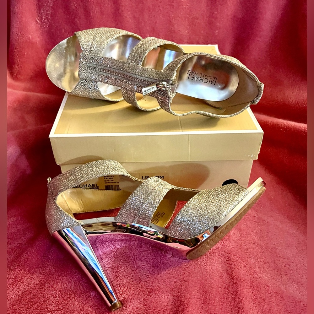 MK Berkley T Strap Sliver Glitter Shoes